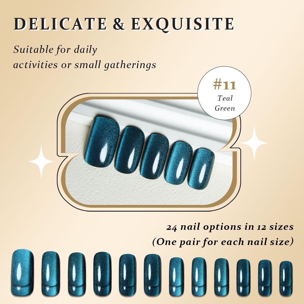 XZMeiLun Cat Eye Teal Green Press On Nails Medium Long Length Square, Designer Reusable Acrylic Fake Nail with 24 ps, Glossy Gel Nails Wedding Party, Stick On Glue On Nail, Nails Press Ons for Women
