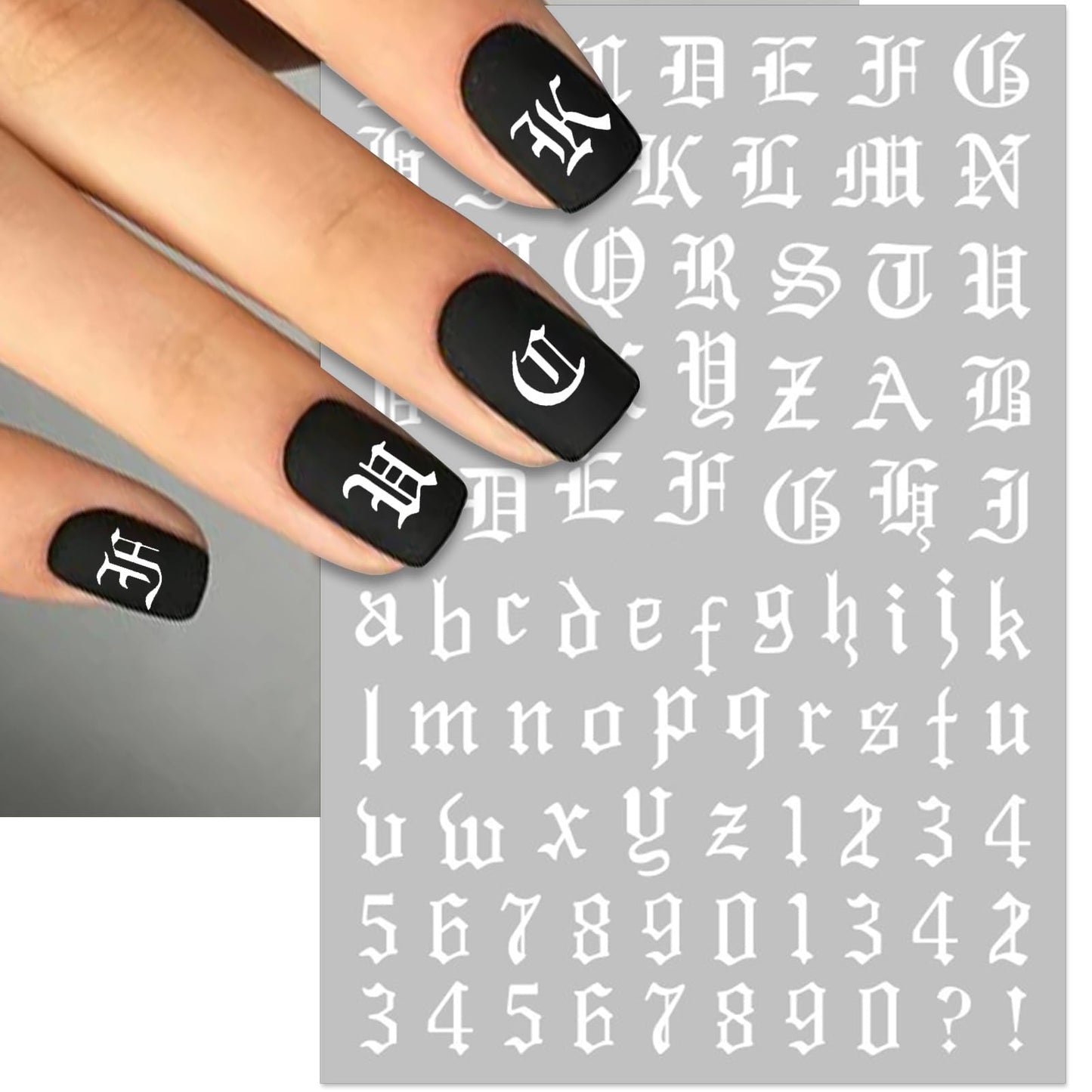 IDDFEVE 10 Sheets Letter Nail Art Stickers - 3D Old English Alphabet Number Nail Decals for DIY Acrylic Manicure Nail Decorations