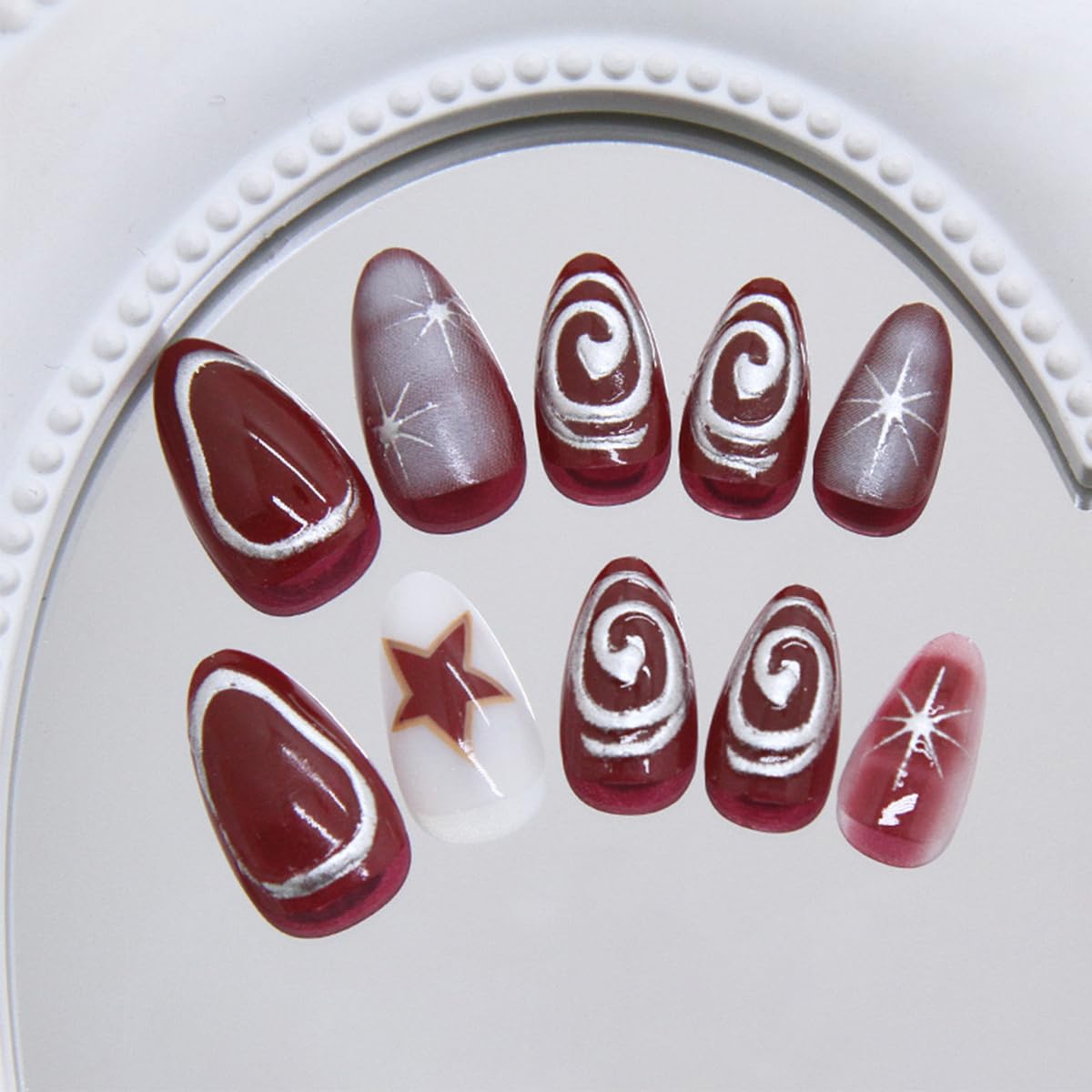 24Pcs Short Almond Press On Nails Patriotic Red Star Fake Nails with Silver Chrome Swirl Lines Designs Y2K Acrylic False Nails Glossy Full Cover Independence Day Stick On Nails for Women DIY Manicure