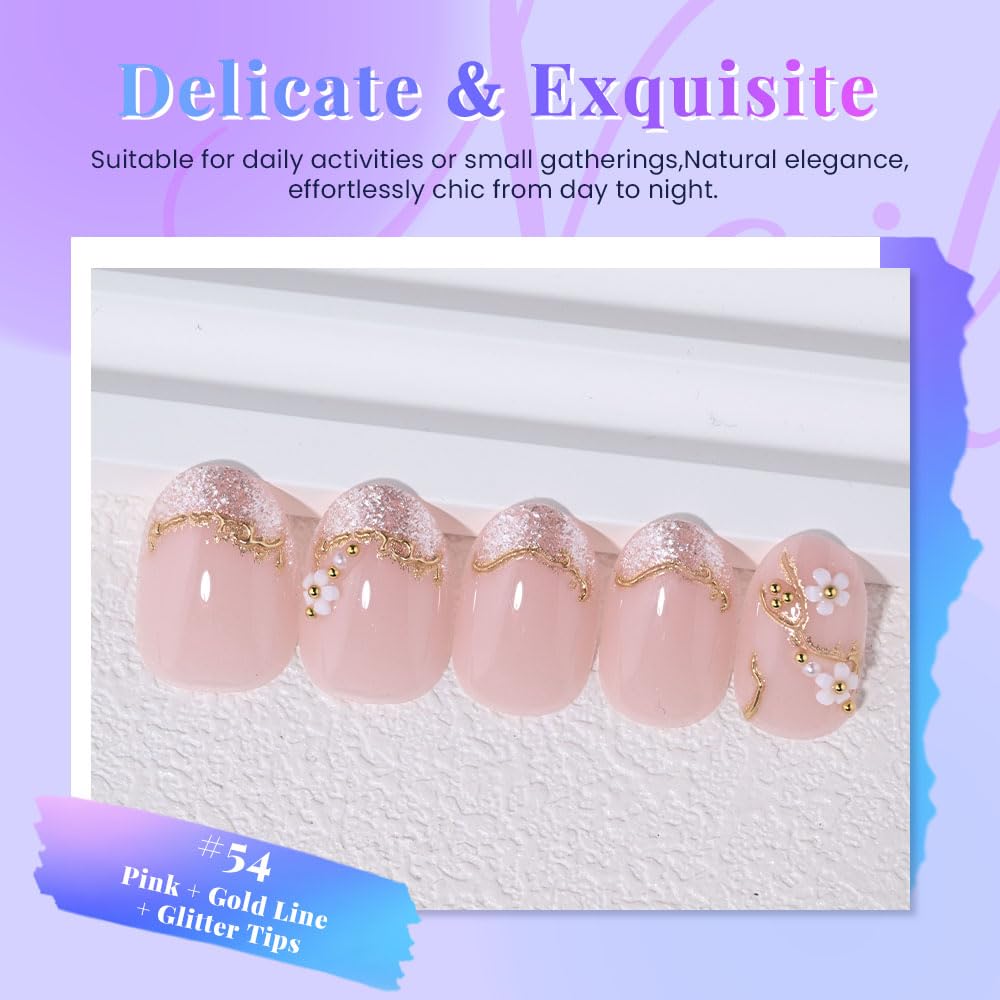 XZMeiLun French Gold Pearl White Flower Press on Nails, Short Round Acrylic Fake Nails Design, Natural Reusable Nails Kit for Women DIY False Nail Art Decoration Gift, Salon Quality Reusable 24 Pcs