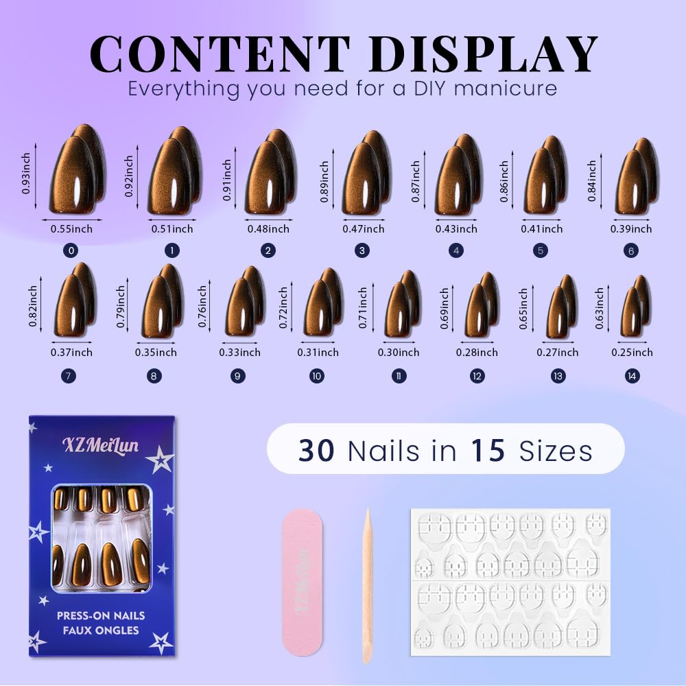 XZMeiLun Cat Eye Orange Brown Press On Nails Almond Medium, Magnetic Acrylic Fake Nails Stylish Design, Salon-Quality Shiny Finish, Reusable Stick On Nails Kit for Women, Daily Wear (No Glue Included)
