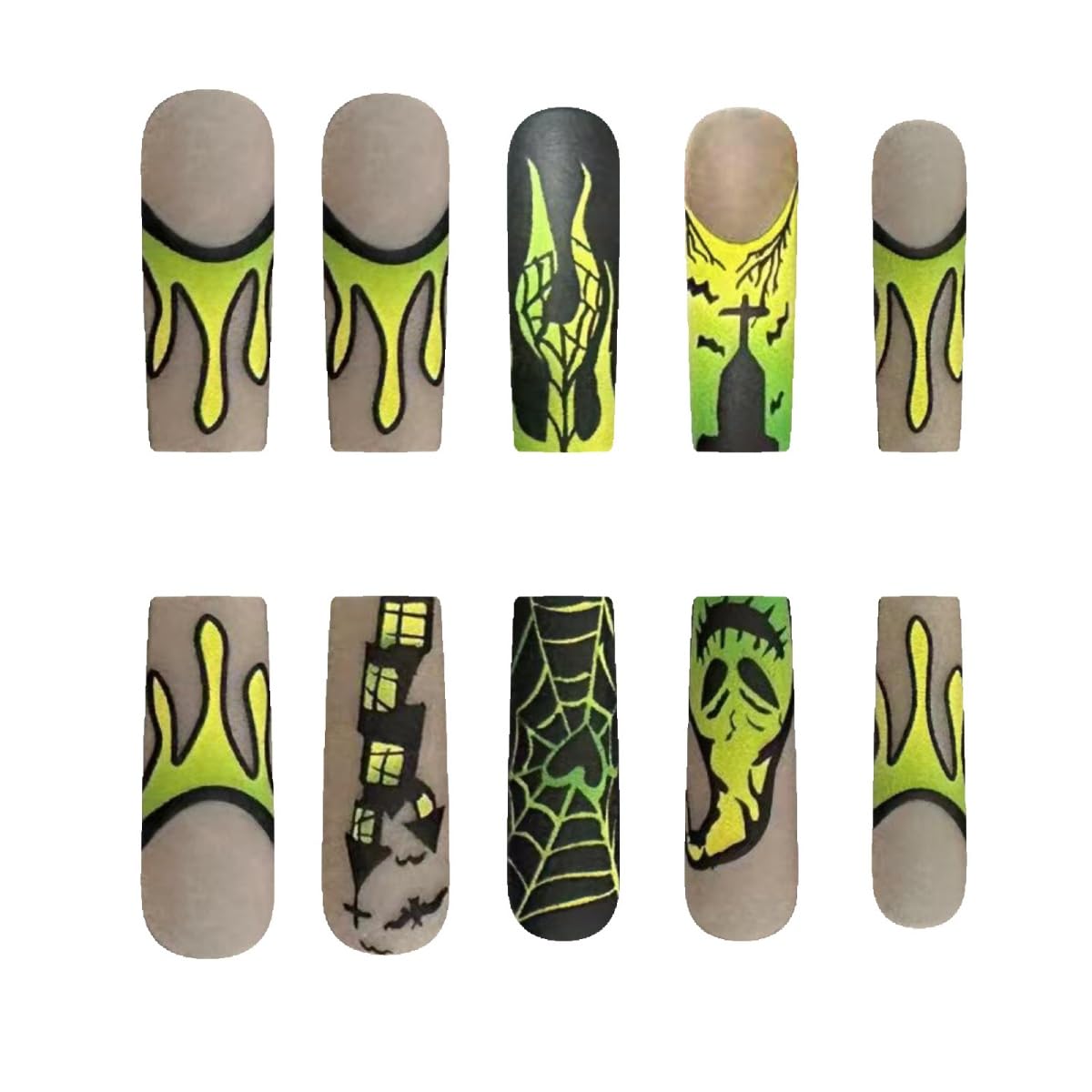 24Pcs Halloween Long Square Fake Nails Castle Spider Web Flame Design Stick on Nails French Tip False Nails Green Reusable Artificial Full Cover Acrylic Glue on Nail for Women Nail Art Decoration