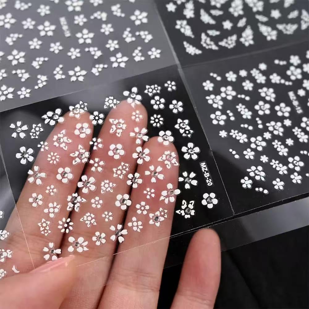 SPLOCUDU White Flower Nail Art Stickers White Flower with Rhinestones Nail Decals 3D Self Adhesive Nail Stickers Nail Art Designs Flowers Sticker for Nails Decorations 30 Sheets