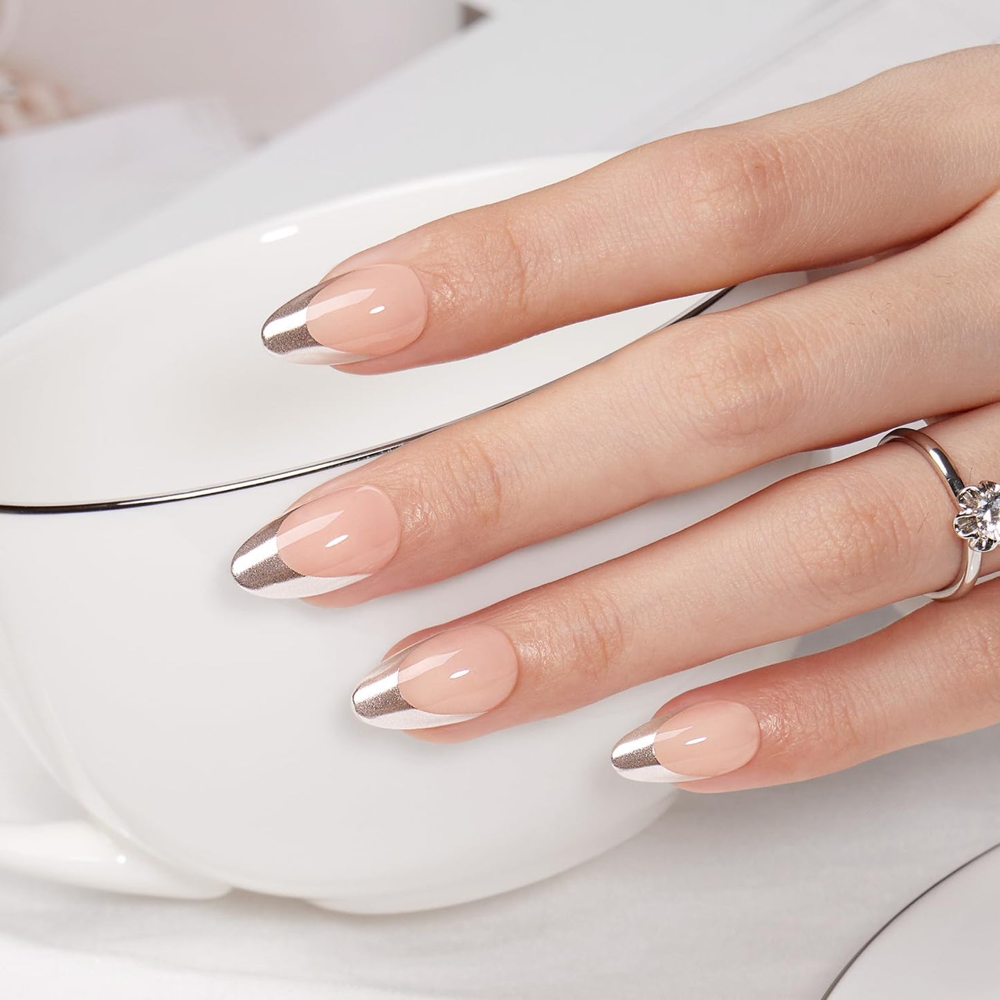 VSALON Almond Short Press on Nails, Silver Chrome Finish Glossy French Tip & Lamp