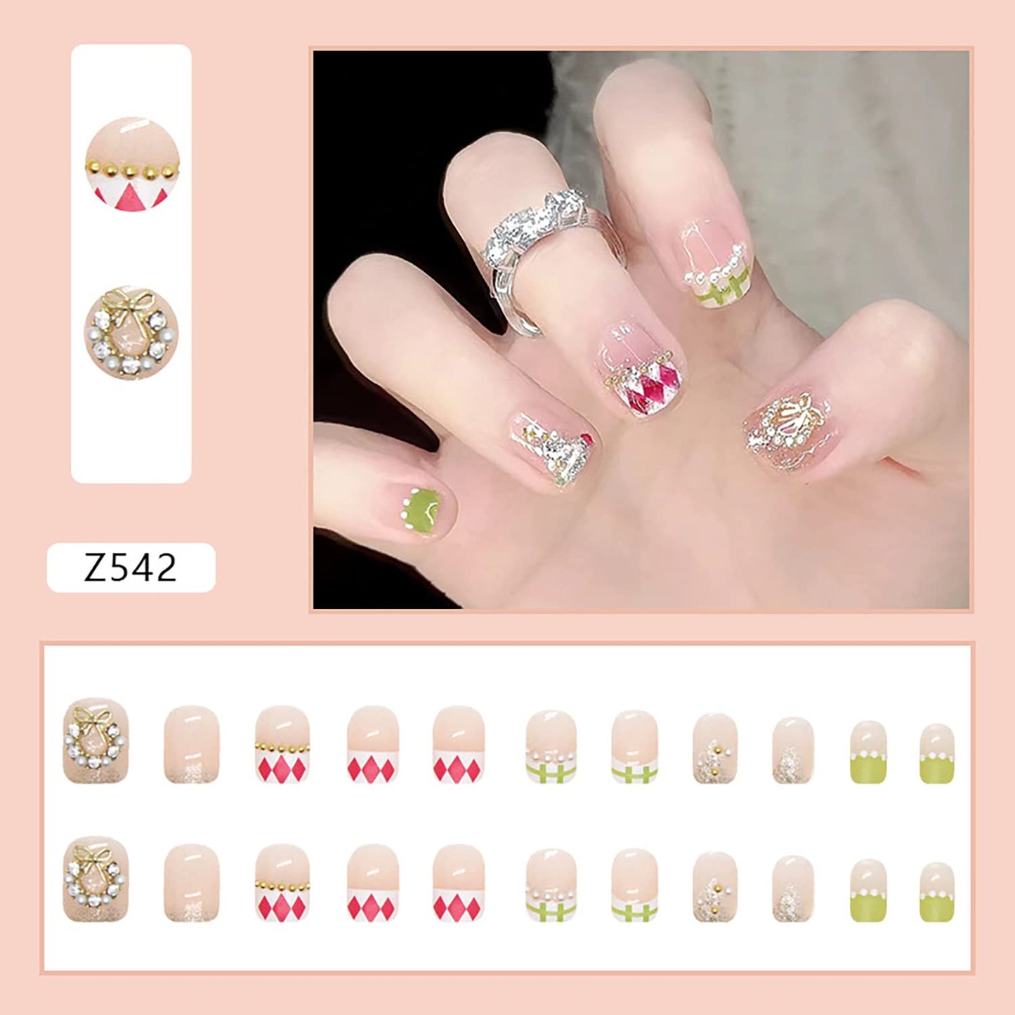 24Pcs Full Cover Reusable False Nails Kits, Press on Nail Short Square Length, Glue On Nails with Wreath Pearl Designs, Artificial Fingernails Acrylic Fake Nails for Women, Stick on Nails Coffin Shape