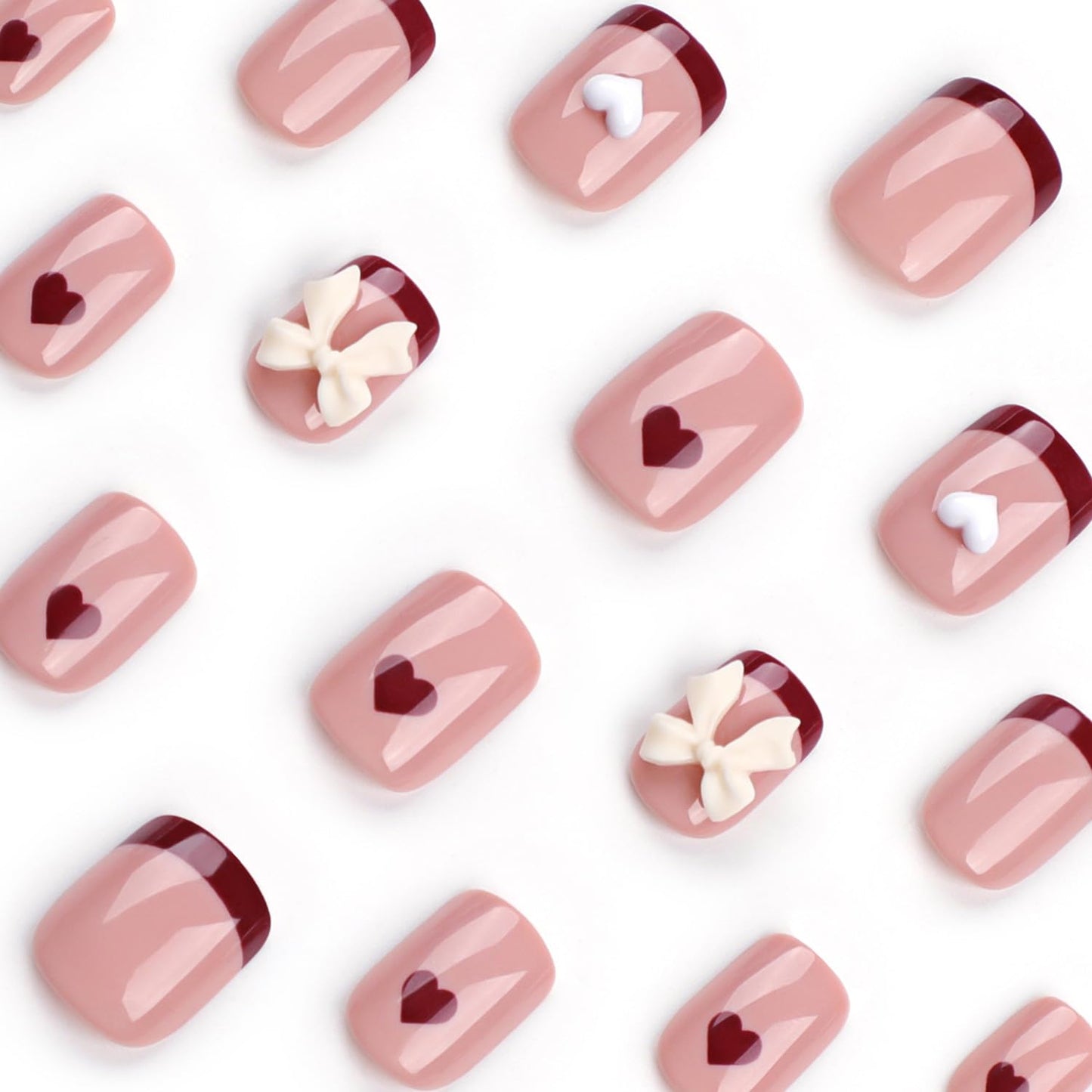 FIEONCIY Press on Nails Short Square Shaped Glossy Full Cover Acrylic Extra Short Square False Nails with Love Heart Designs Artificial Fake Nails Glue Stick ons Fingernails for Women Girls(JP2943)