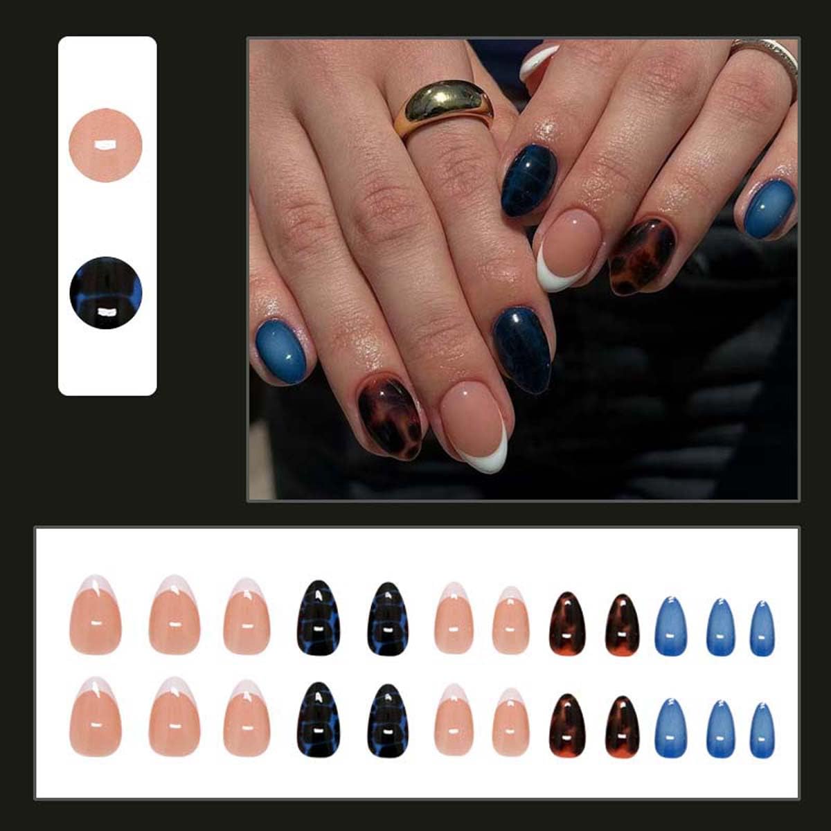 LINMEIZAI 24 Pcs Spring Press on Nails Short Almond Blue French Fake Nails Press ons Nail Tips Glue on Nails Acrylic Nail Kit with Tortoiseshell Design False Nails Stickers Nail Art for Women