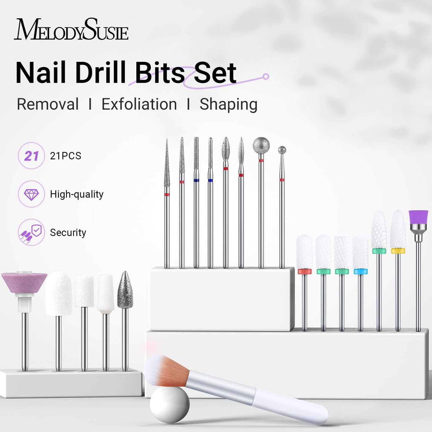 MelodySusie 21pcs Nail Drill Bit Set with Portable Holder Case, 3/32'' Ceramic Diamond Carbide Acrylic Gel Nail Art Tool Kit, Cuticle Remover Bit for Acrylic Dip Powder, Manicure Pedicure, Salon Home