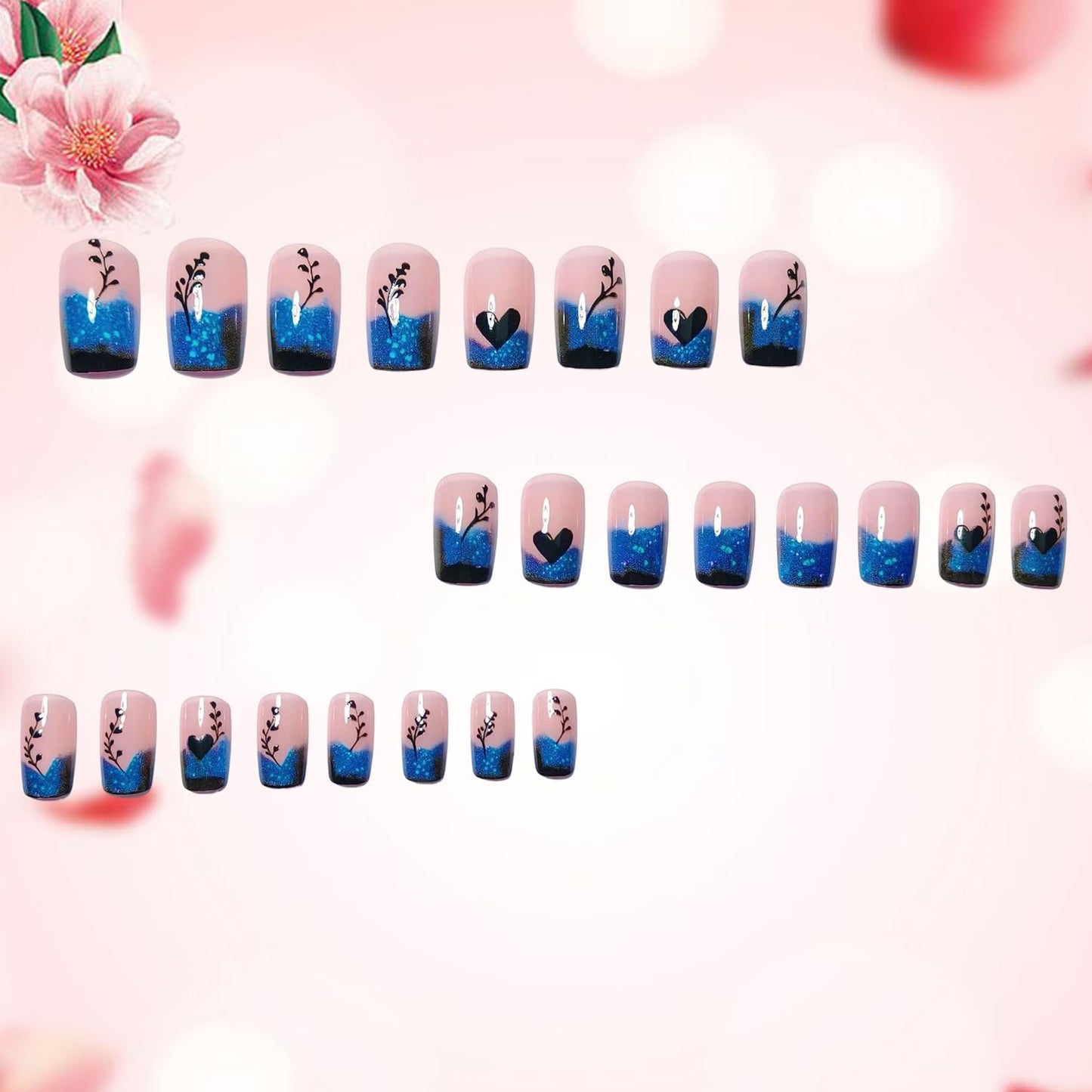 Valentines Press on Nails Medium Square Artificial Acrylic French Black Fake Nails Gradient Black Love Coffin Nail Full Cover Glossy Stick on Nail Artificial Fingernails for Women Festival Manicure