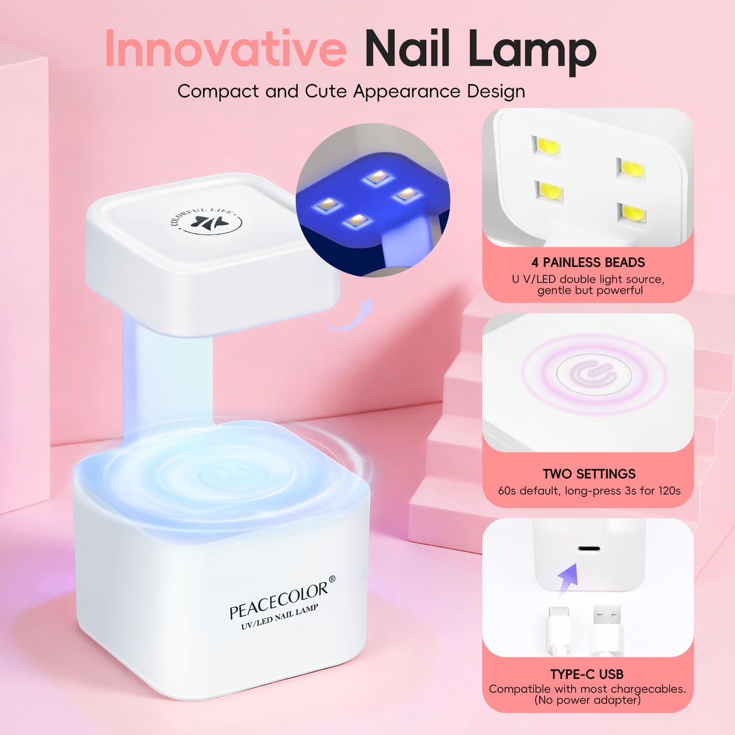 Peacecolor Nail Gel Polish Kit with Mini U V Light Clear Pink Nude White 6 Colors Builder Extension Gel Cat Eye Gel Polish Nail Extension Strengthening Gifts for Women