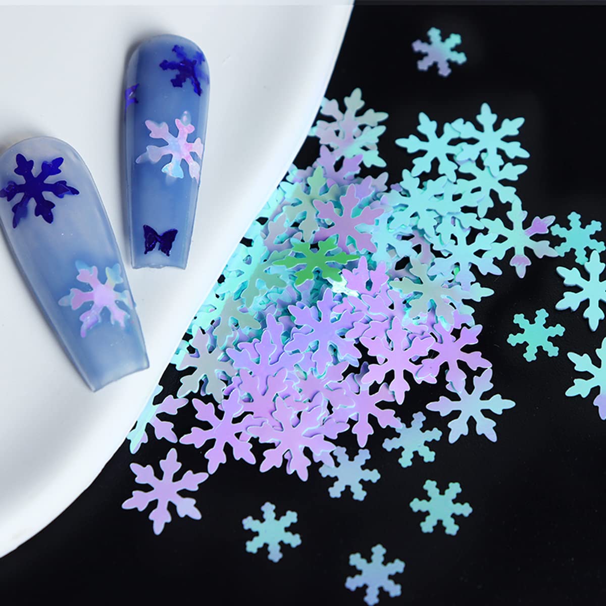Snowflake Nail Glitters - 3D Snowflakes Nail Sequins - Snow Flakes Nail Stickers Winter Xmas Nail Art Supplies Blue Snowflakes Glitter Flakes Decals for Christmas Party Manicure Art Decoration 6 Grids