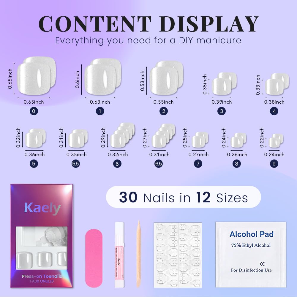 evpct Pearl White Cateye Press on Toenails for Women, Glossy Glitter Fake Toe Nails Women Girls Gift, Soft Gel Press Stick On Toenail with Kit Perfectly Fit Full Cover Reusable Cateye Fake Toenails