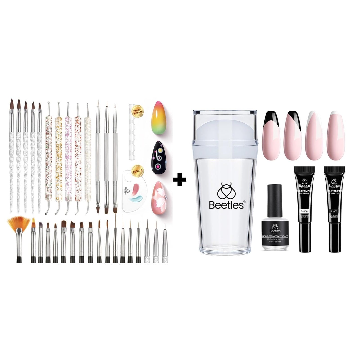 Beetles 31pcs Nail Art Brushes, Nail Art Pens, Dotting Tools, Dust B & French Tip Tool: Stamp Gel Silicone Nail Stamp Kit with Long Silicone