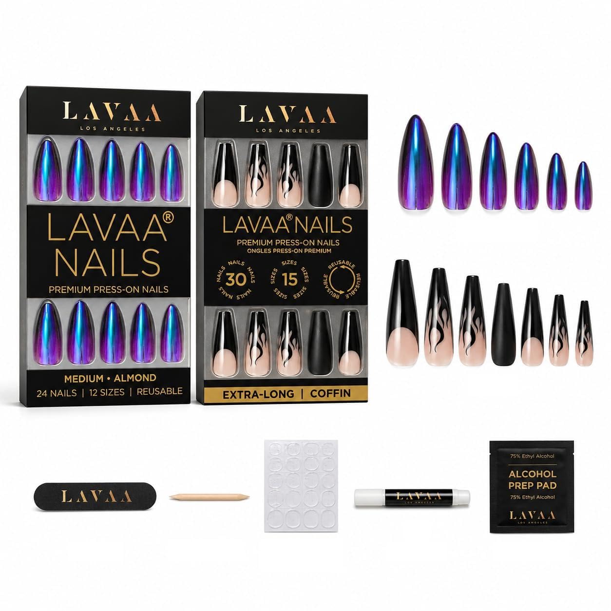 Lavaa Beauty Baddie Nail kIT – SLAYED Black Flame Extra-Long Coffin + ALIEN BADDIE Chrome Ombré Almond Press-On Nails | Reusable Glossy Fake Nails Set for Instant Glam