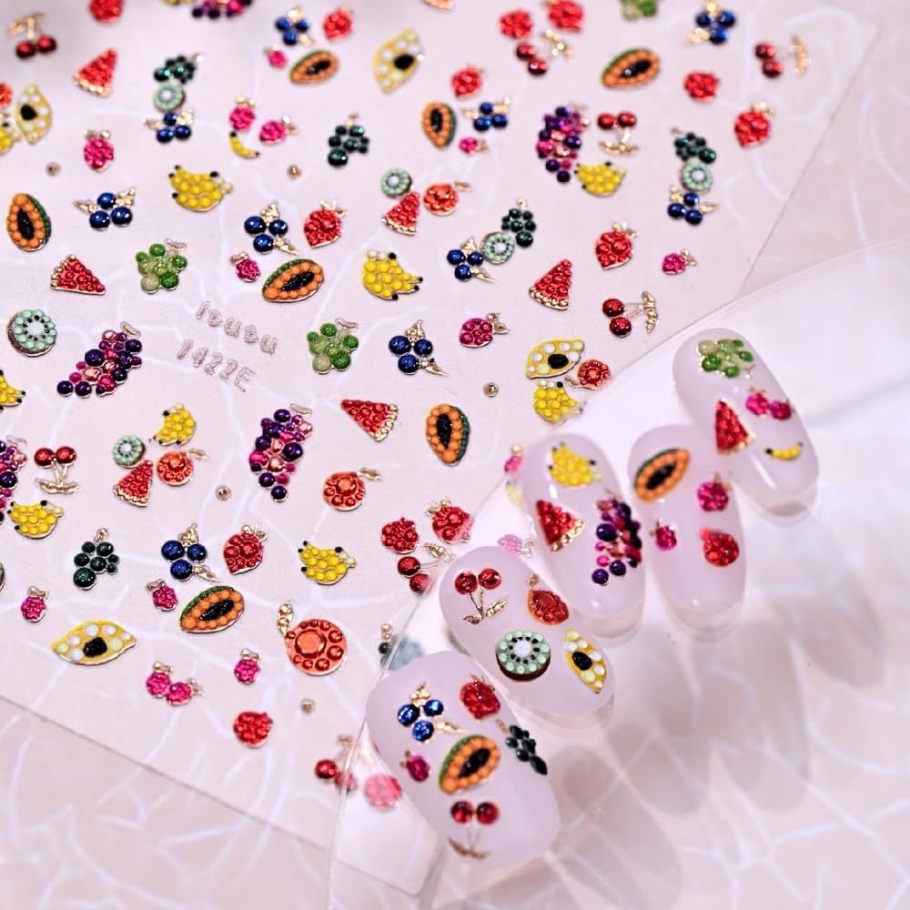 Fruits Nail Stickers Colorful Summer Nail Decals Cartoon Watermelon Banana Nail Designs Cute Jelly Gold Nails Supplies 5D Embossed Self Adhesive Red Yellow Sticker Decals for Women DIY Manicure 1Sheet