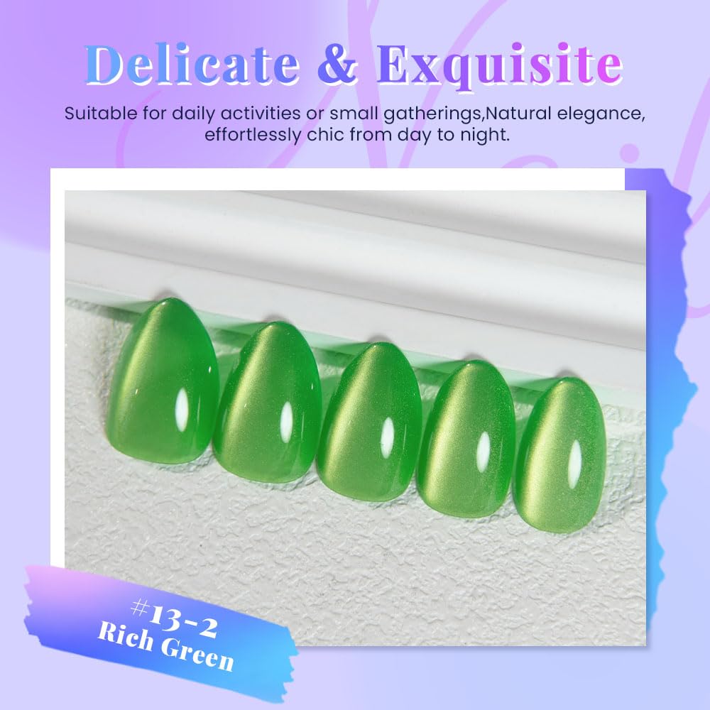 evpct Rich Green Cat Eye Press on Nails Short Almond, Short Almond Stick on Nails for Women Gift, Rich Green Glossy Fake Nail Reusable Press on Acrylic Fake Nail with Holographic Cat Eye Design