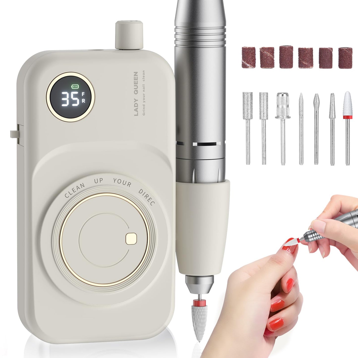 Portable Nail Drill Electric File: 35000RPM Professional Rechargeable Nail E File Machine,for Acrylic Nails Gel Polishing Removing, Cordless Efile with Bits Kit for Manicure Salon Home (White)
