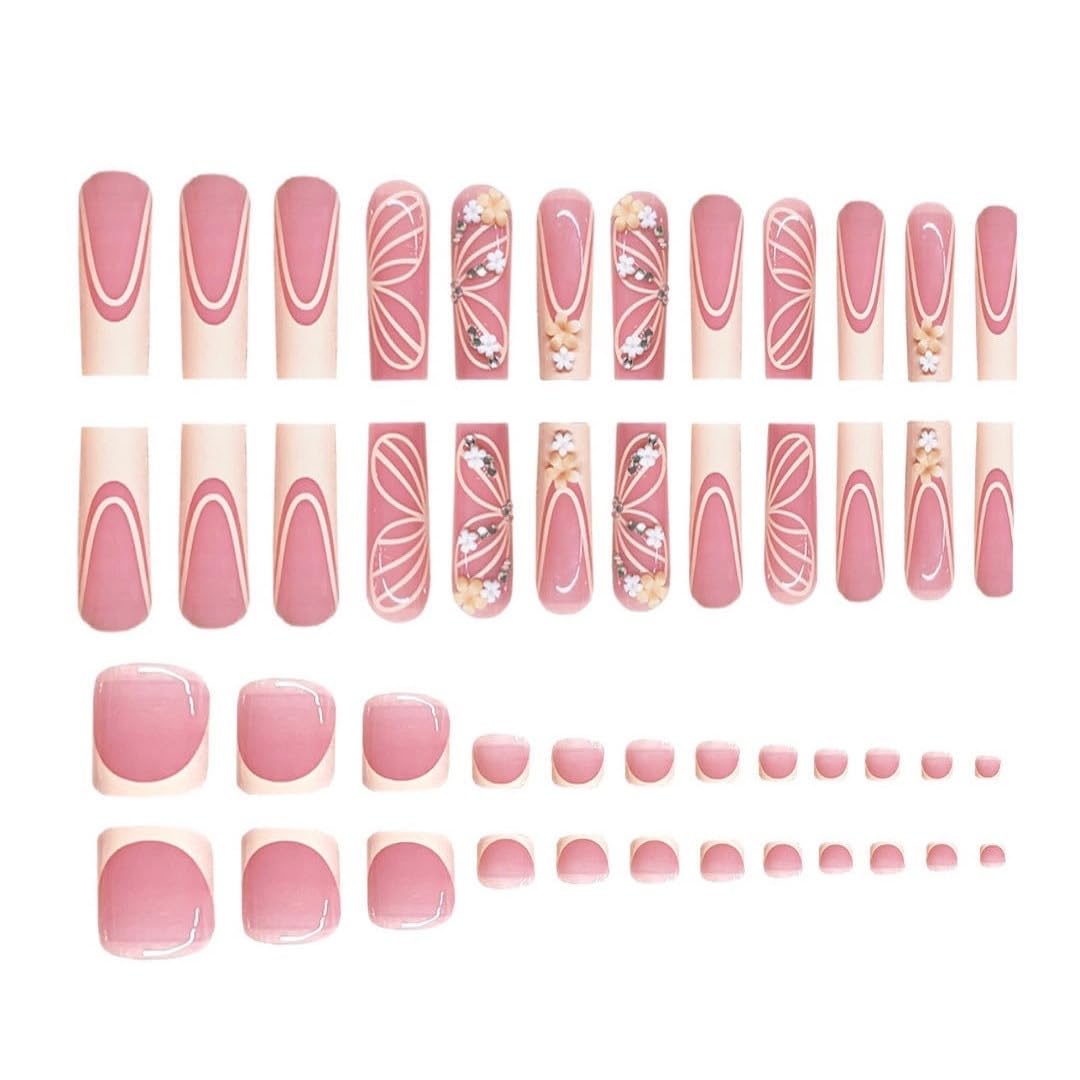 CTTHNBD Long Press on Nails Square & Press on Toenails Set, Butterfly Fake Nails - Yellow French Tip Press on Toenails - for Women 48 Pcs