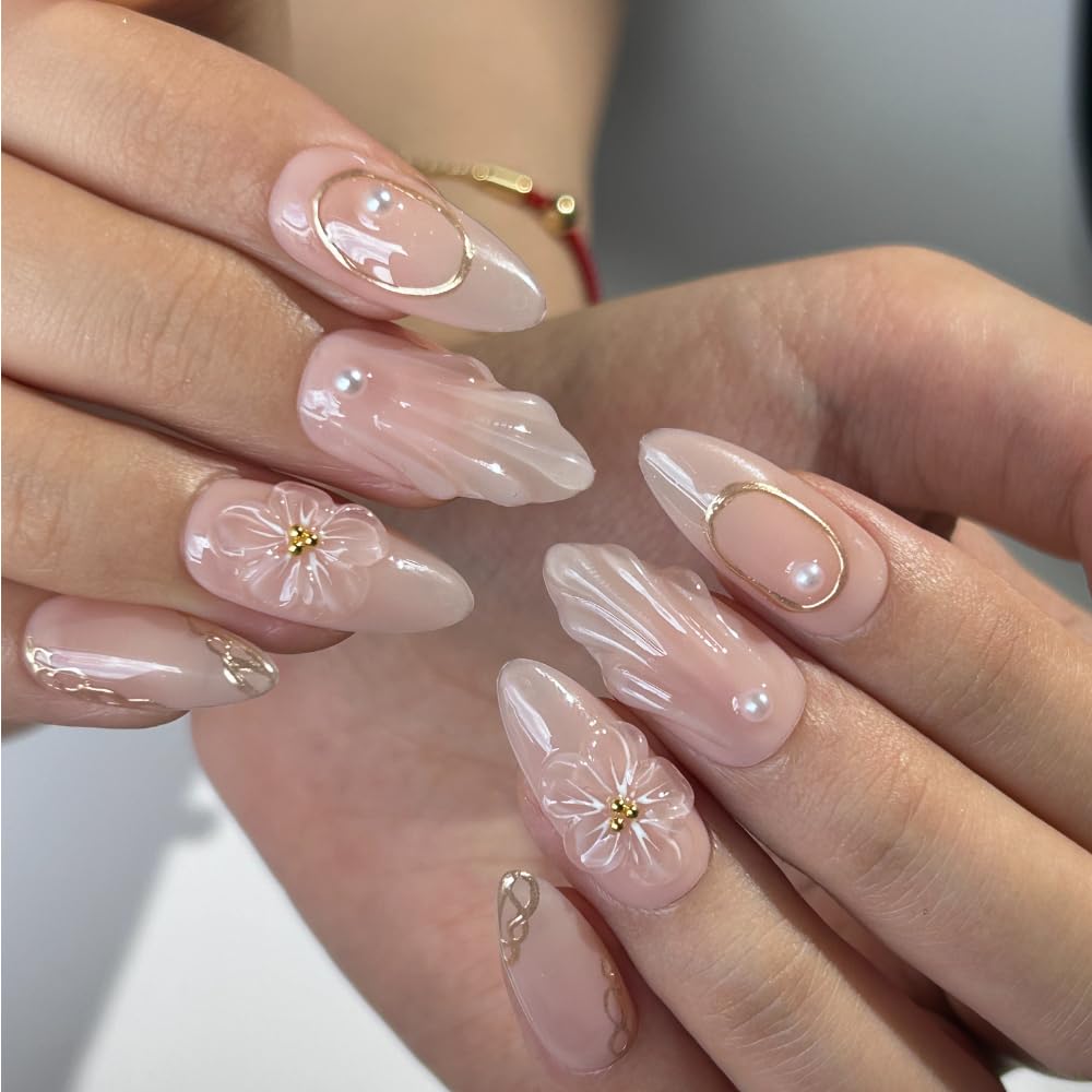 MAGLFELL 10 Pcs Medium Length Handamde Almond Press On Nails Reusable ABS Acrylic False Nails Set for Women (Size S)