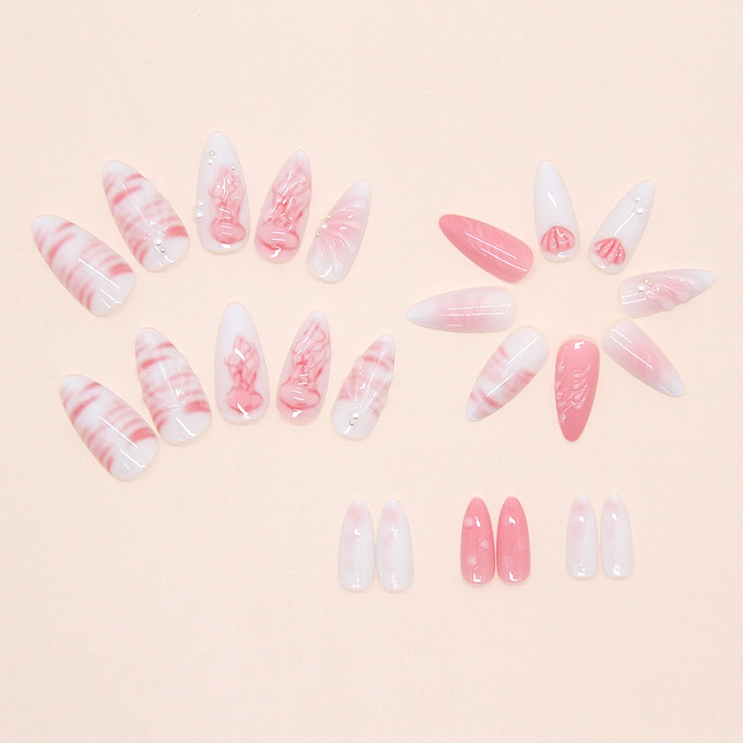 24PCS Summer Press on Nails Almond Fake Nails with 3D Shell Pattern Jellyfish Pearl Press on Fake Nail Full Cover Stick on Nails Handmade Press on Nails Art Decoration for Women