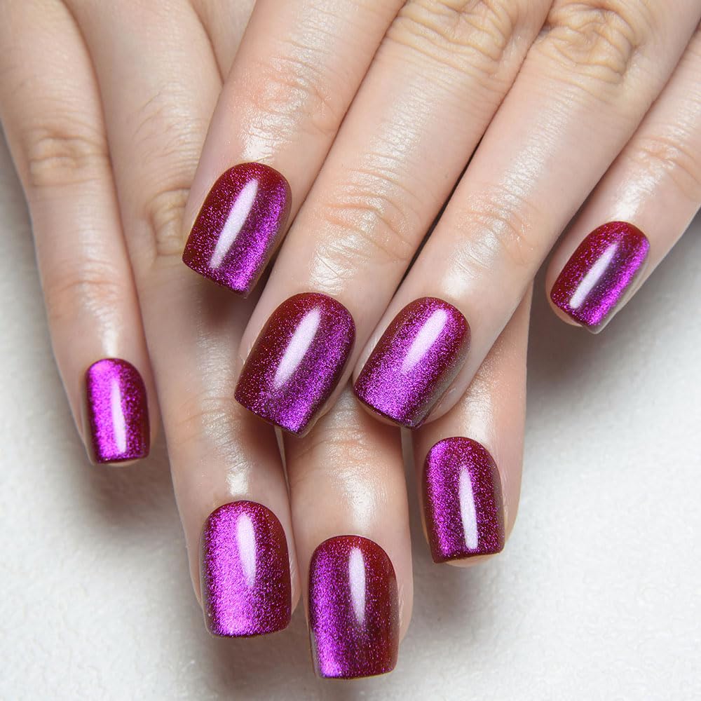 evpct Purple Pink Cat Eye Extra Short Square Press on Nail, Petite Short Square Stick on Nails for Women, Purple Pink Glossy Holographic Fake Nails Reusable Gel Press on Acrylic Fake Nail with Designs