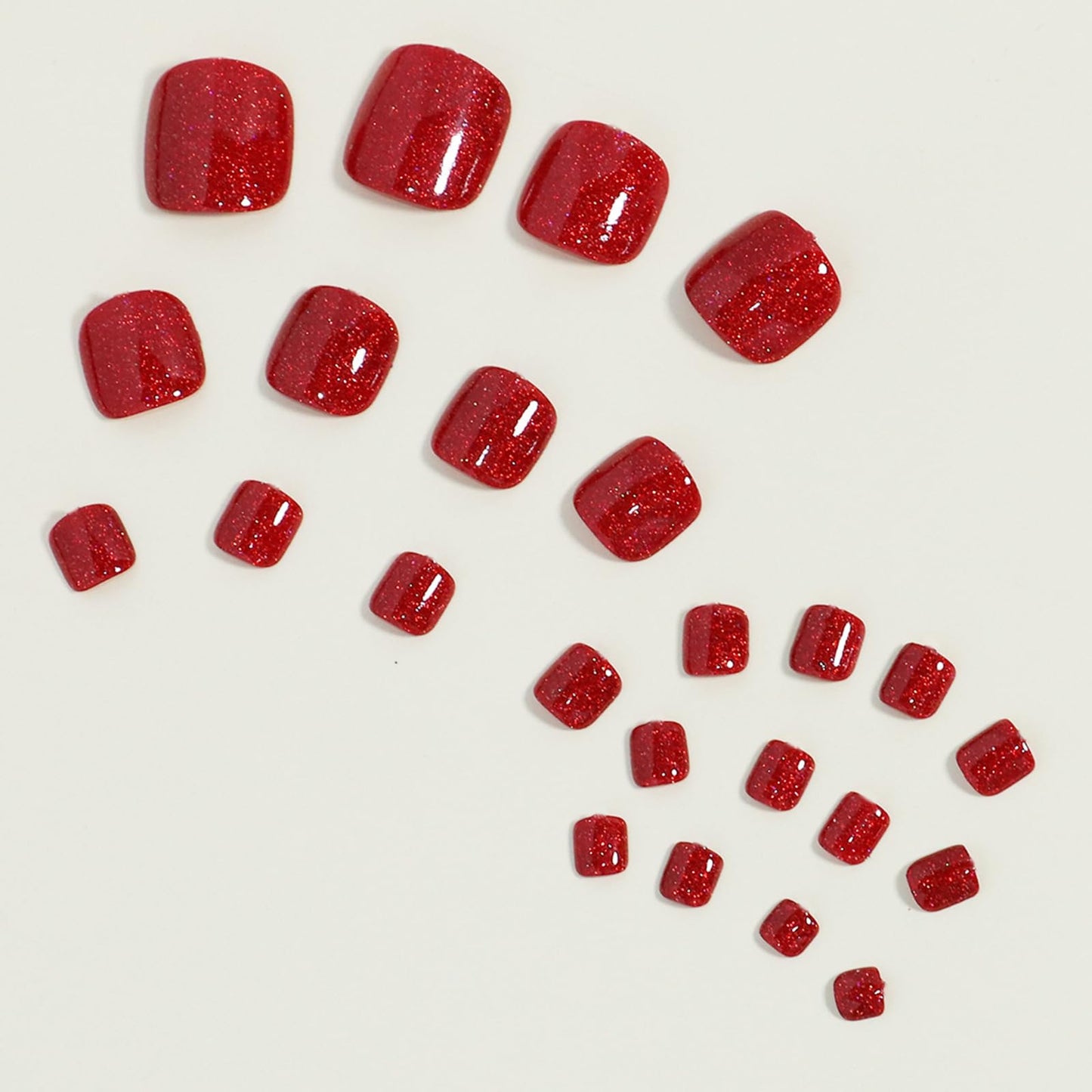 Red Sparkly Press on Toenails Short Square Fake Toe Nails Glossy Red Solid Color Glitter Full Cover Artificial Stick on Toenails for Women Girls Winter Christmas Manicure 24Pcs