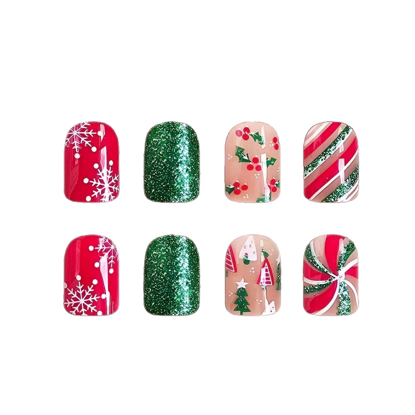 Christmas Press on Nails Short Green Red Fake Nails with Snowflake Design Holiday Nails Press ons Christmas Tree Glue on Nail Glitter Stick on Nail Christmas False Nail for Women Girls 24Pcs
