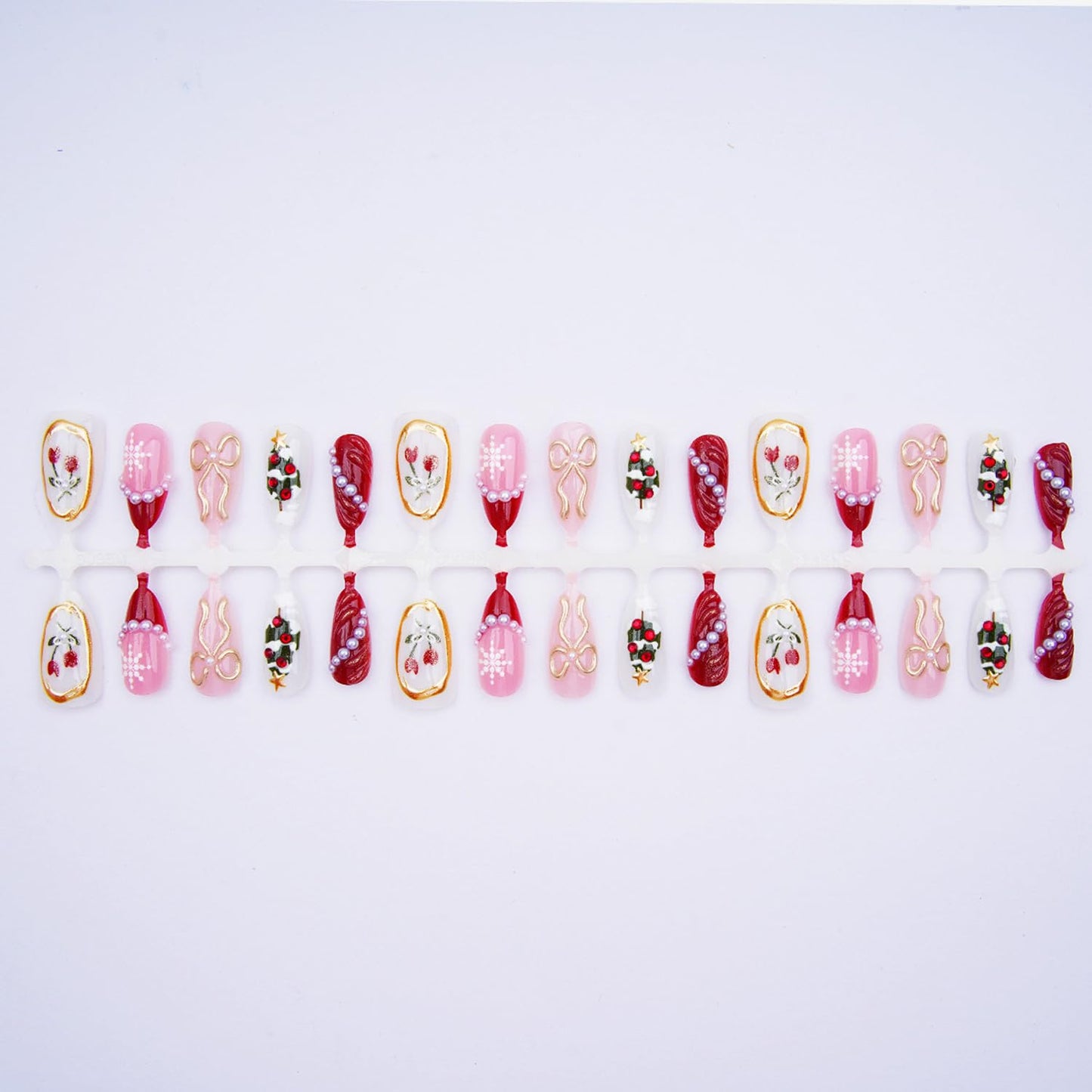 30pcs Christmas Press on Nails Medium Almond Fake Nails with Christmas Tree Bow Snow Pattern Xmas Gel Glitter Pearl Press on False Nails Design Autumn Winter Stick on Nails Gift for Women