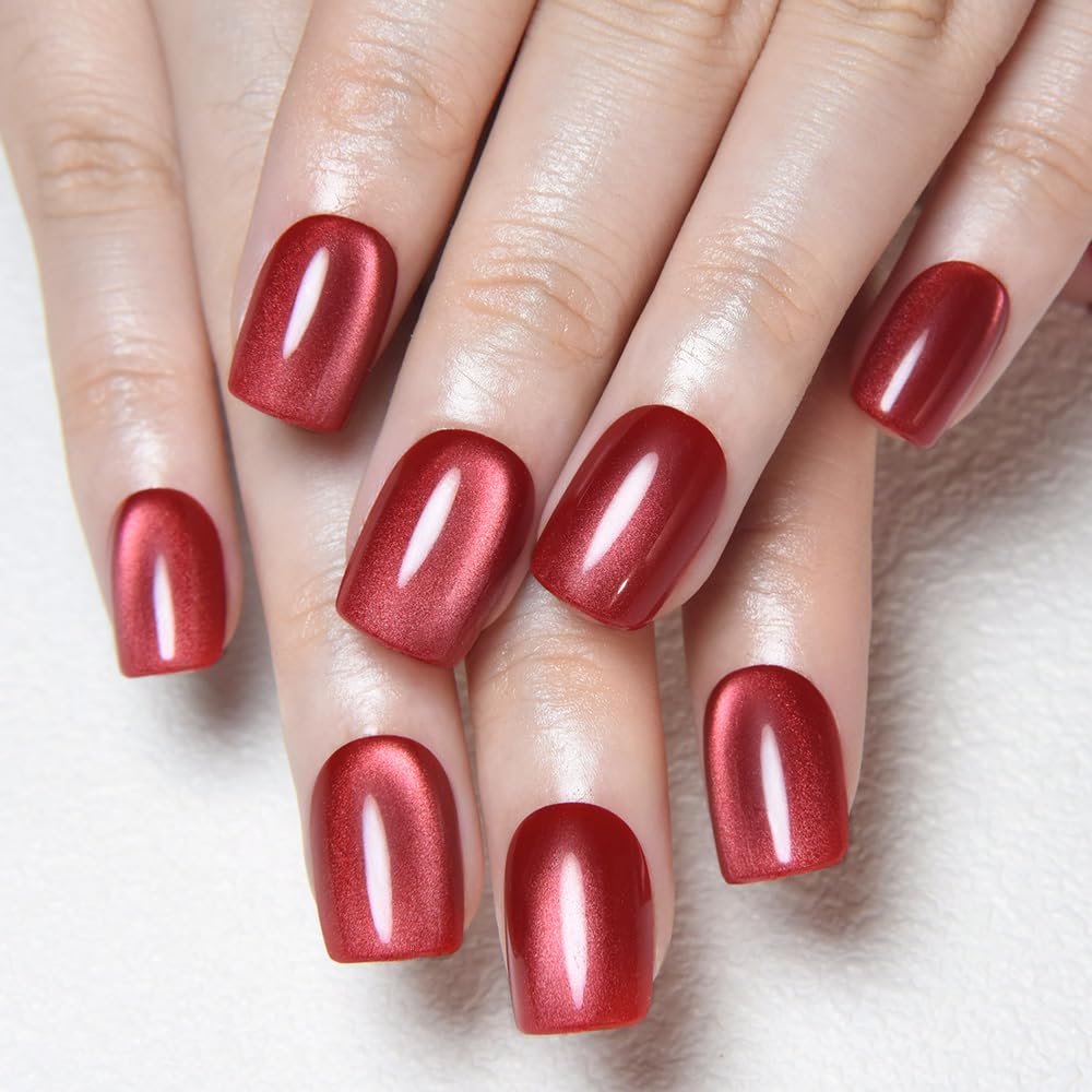 evpct Red Cat Eye Short Square Press on Nails No Glue for Women Gift, Red Short Square Stick on Nails with Cat Eye Design, Metallic Glitter Glossy Soft Fake Nail, Reusable Press on Acrylic Fake Nail