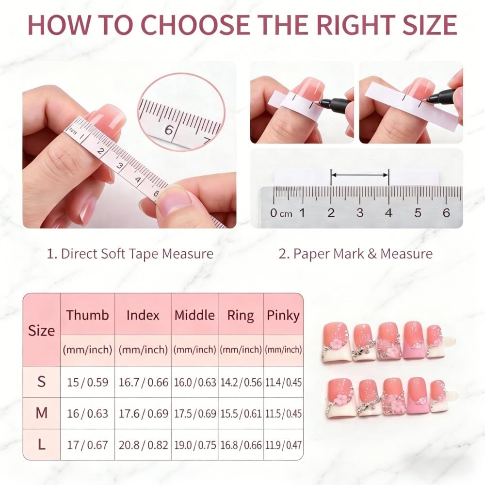 Vokupoga Long Stiletto Handmade Press on Nails French Tip Fake Nails Nude False Nails with 3D Flower Charms Designs Glossy Artificial Nails for Women 10Pcs(Size M)