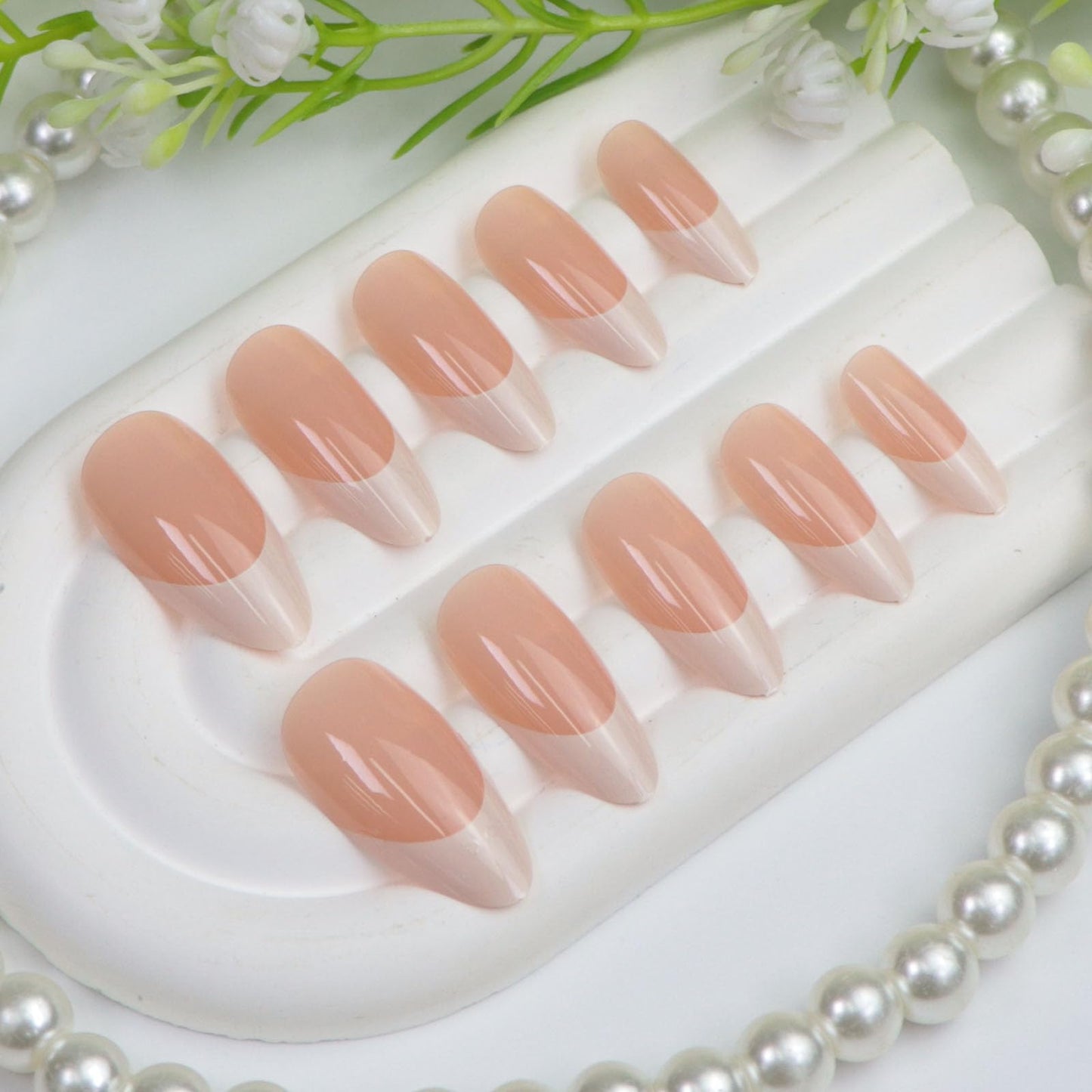 24Pcs White French Tip Press on Nails Almond Medium Fake Nails Glossy Glue on Nails Press ons Daily Wear Simple Nude Stick on Nails for Women Girls