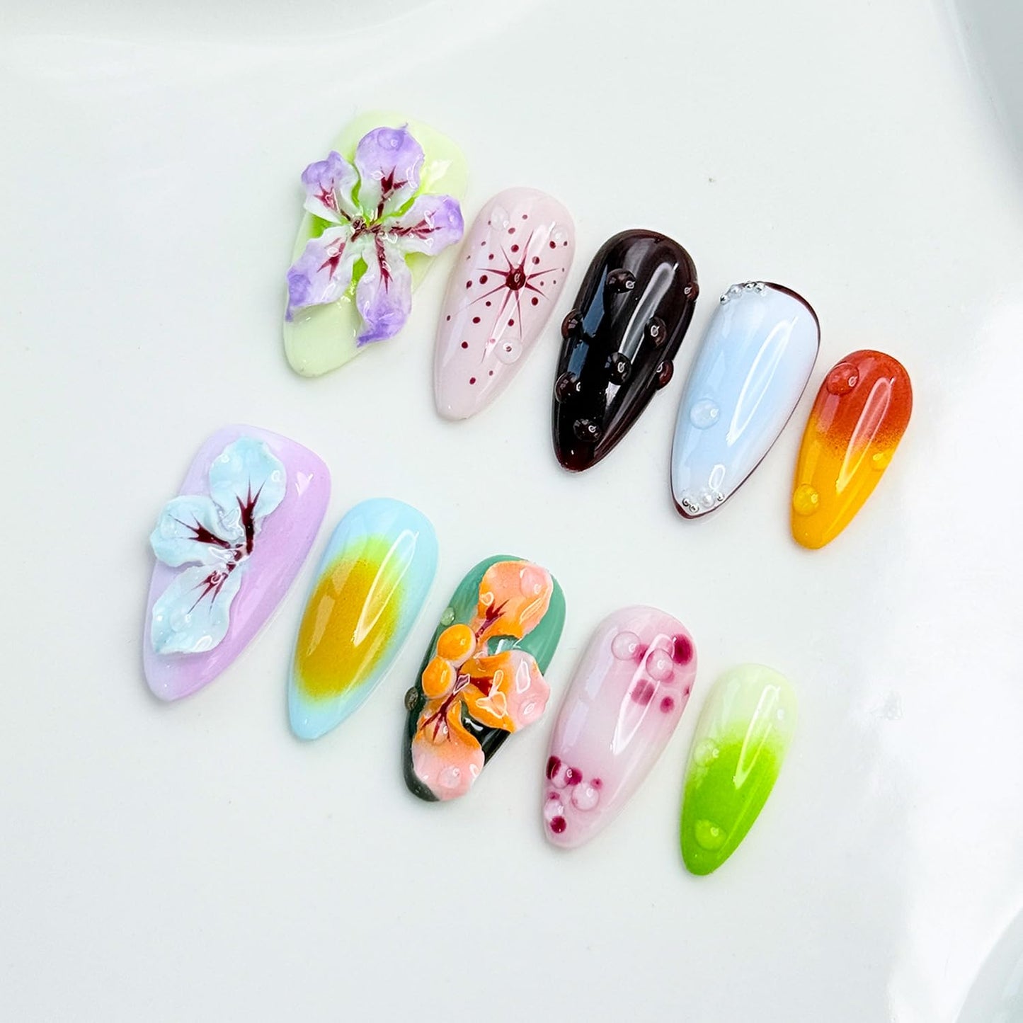 RIICFDD Handmade Press on Nails Medium Almond Thick Acrylic Nails,Tropical Flower Art Fake Nails with Water Droplet Pattern Designs Nature Stick on Nail False Nails for Wome (Size S)