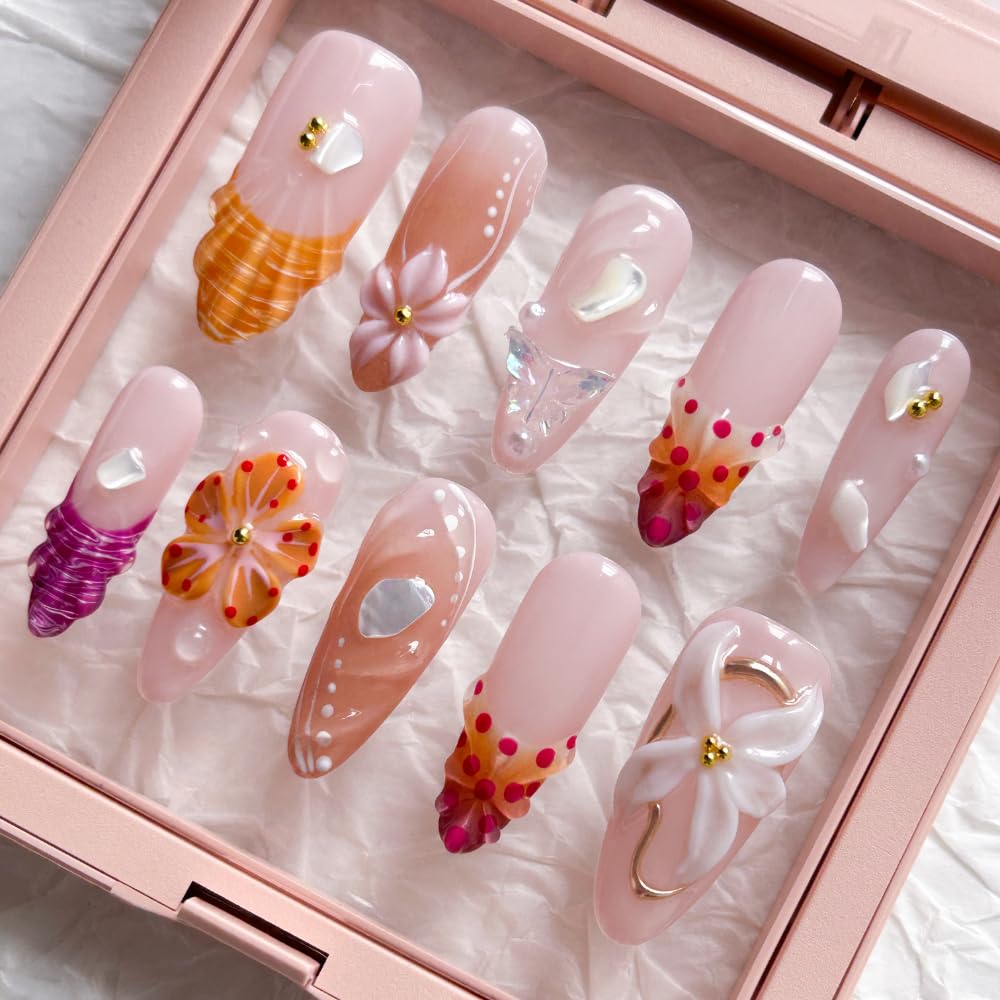 MAGLFELL Nails Press on Nails - Handmade Long Almond Fake Nails, Unique 3D Glossy French Design False Nails for Women, 10 Pcs Acrylic Handmade Fingernails (Size S)