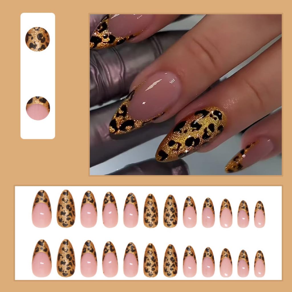 Almond Press on Nails Gold French Tip with Leopard Print Design - Glue on Glitter Glossy Full Cover Stick on Winter Acrylic Press ons for Women Manicure 24Pcs