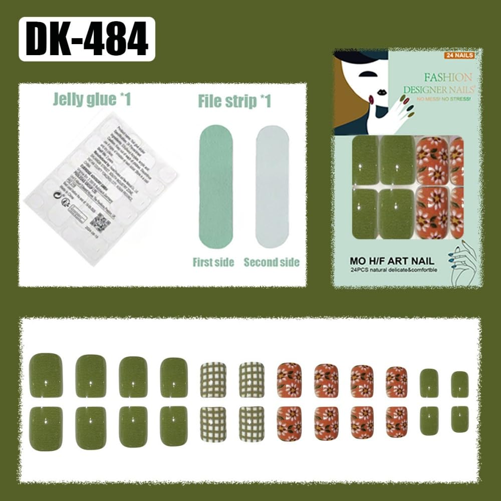 Flower Press on Nails Short Square Fake Nails with White Floral Design Glossy Green Glue on Nails Checkered Nails Press ons Reusable Full Cover Spring Summer Acrylic Nails for Women Manicure 24Pcs