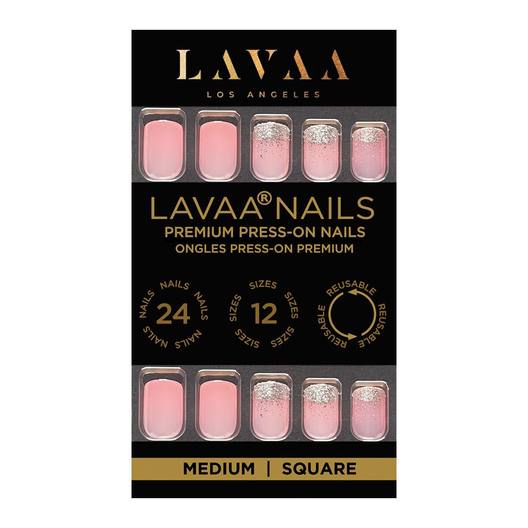NEUTRAL BADDIE Press-On Nails by Lavaa Beauty | Short Square Press-On Nails | Glitter French Tip on Nude/Pink Base