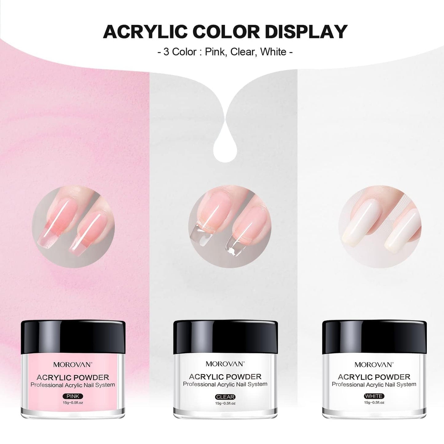 Morovan Acrylic Nail Kit: Clear Pink White Powder and Professional Liquid Set for Nail Extension - DIY at Home With Brush for Beginners