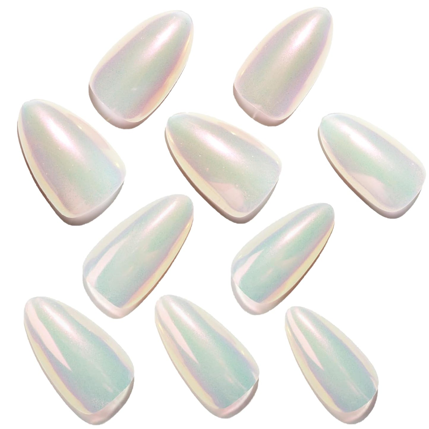 GLAMERMAID Chrome Press On Nails Medium Almond- White Handmade Metal Gel Fake Nails Stiletto, Glitter Glazed Donut False Nail Oval, Glossy Natural Reusable Acrylic Stick Glue on Nails Kit for Women