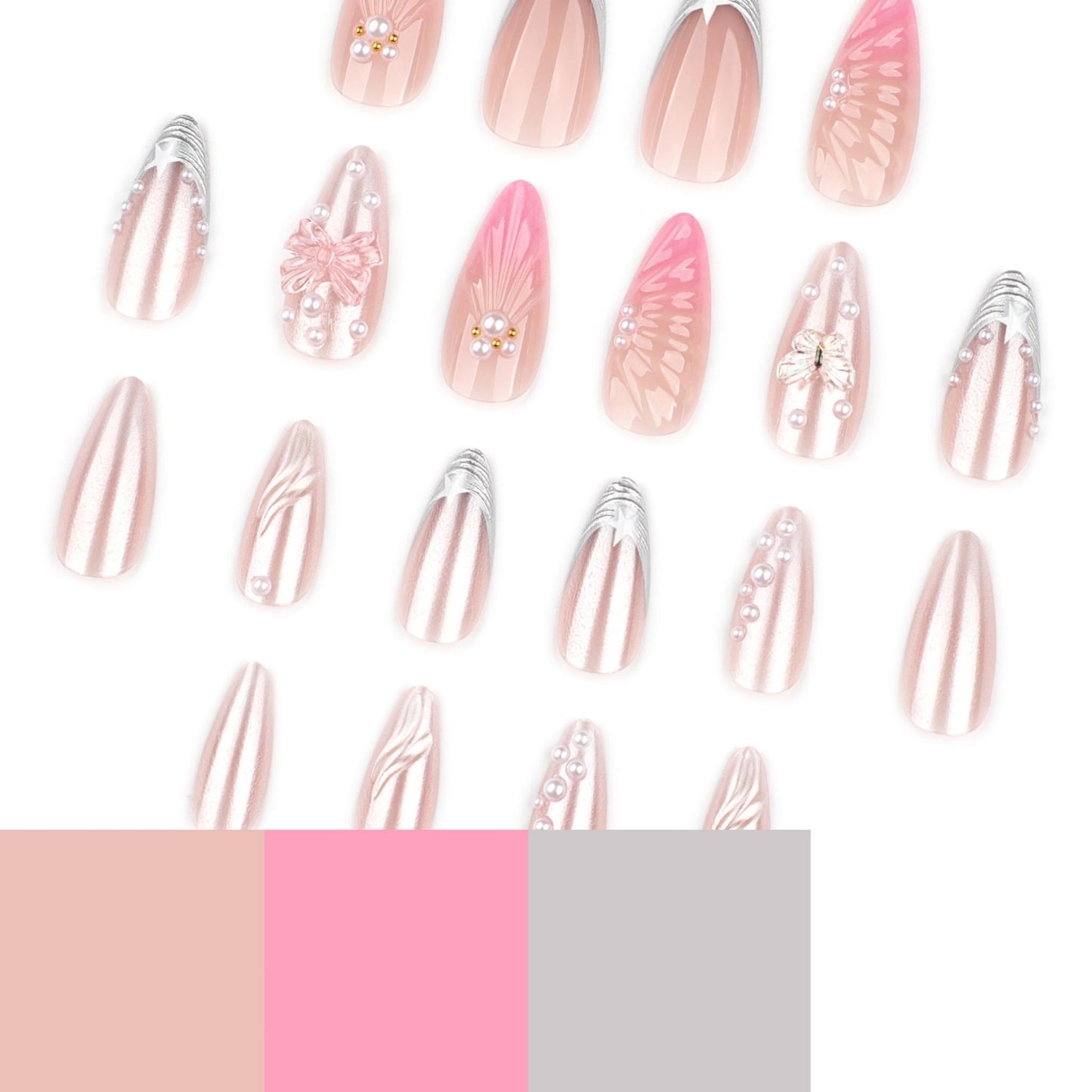 Long Press on Nails Almond Fake Nails Pink Artificial Nail Seeneey Pearl and Silver Charm Designs Beach Stick on Nail for Women 24pcs
