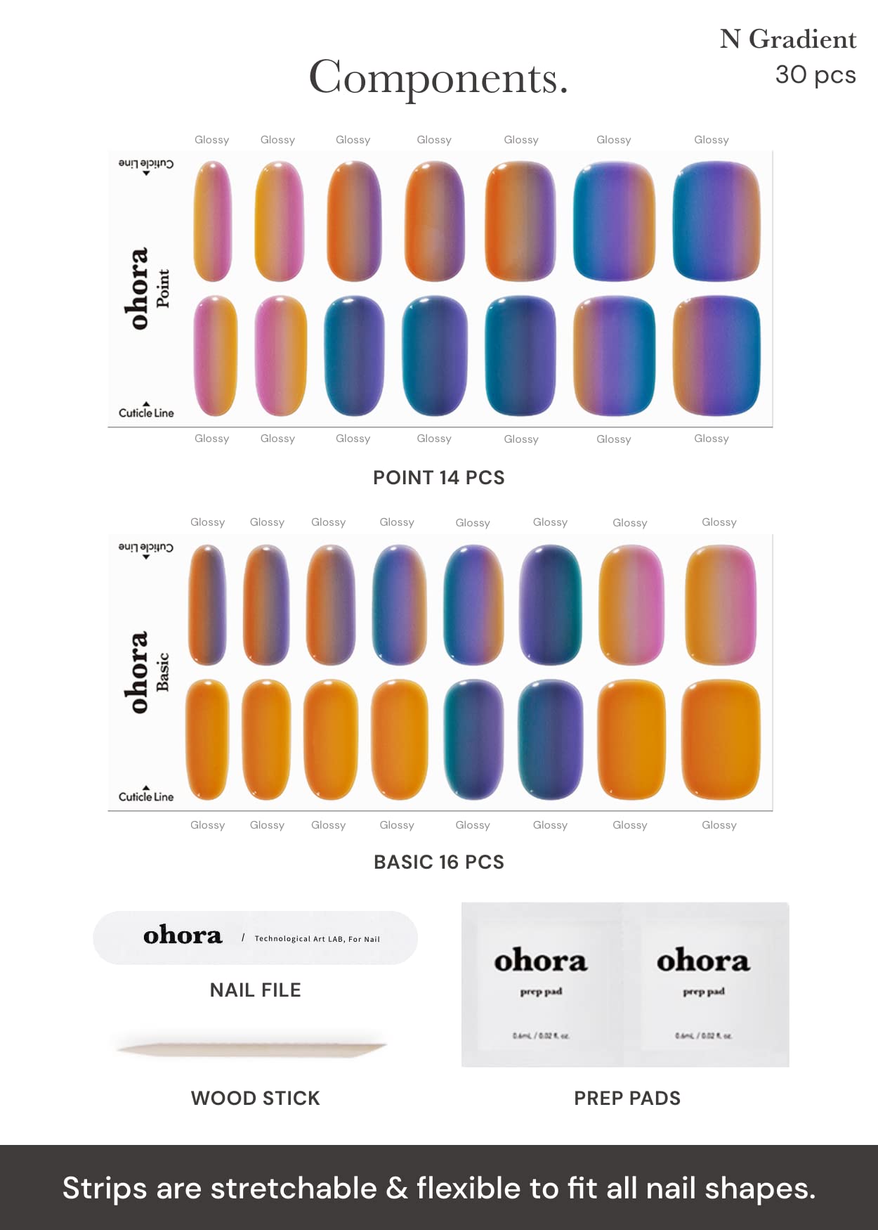ohora Semi Cured Gel Nail Strips (N Gradient) - Blue, Ombre, Works with Any UV/LED Lamps, Salon-Quality, Long Lasting, Easy to Apply & Remove - Includes 2 Prep Pads, Nail File & Wooden Stick