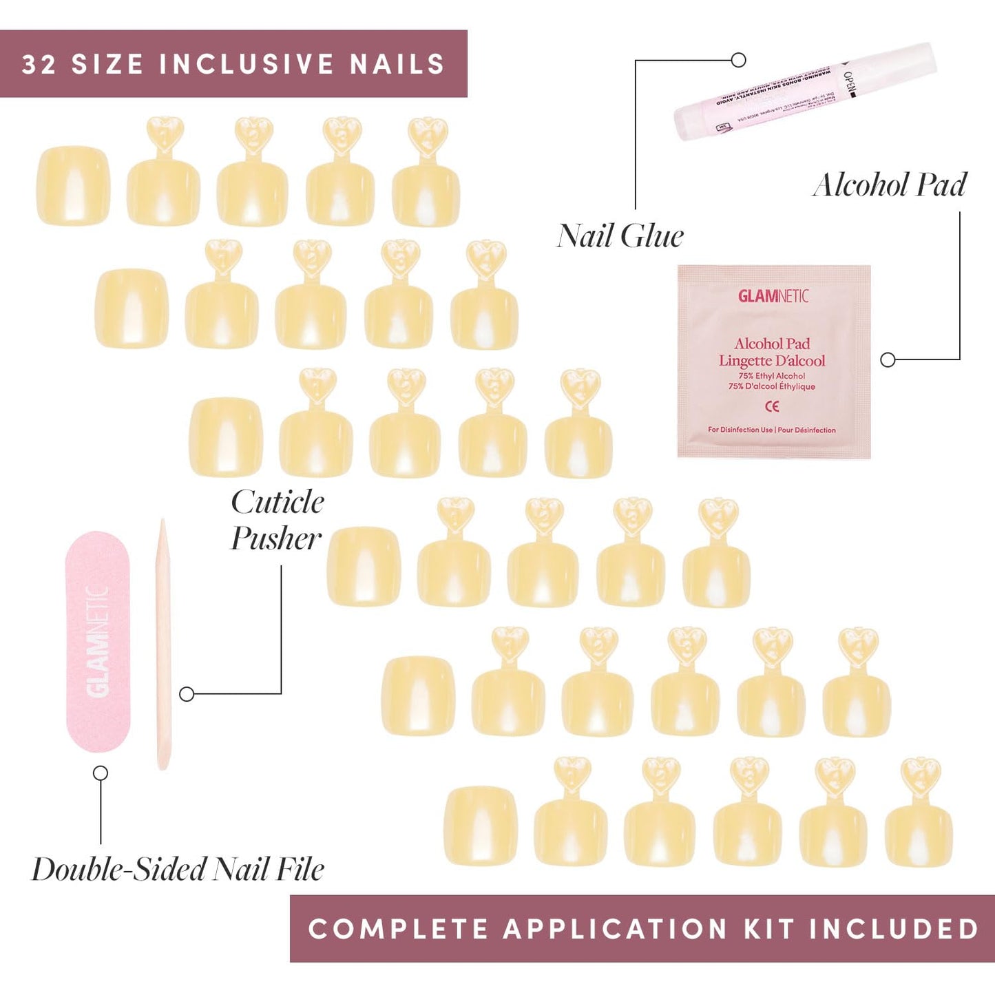 Glamnetic Press On Toenails - Yellow Pop | Pastel Yellow Fake Toe Nails with a Glazed Finish | 16 Sizes - 32 Toe Nail Kit with Glue