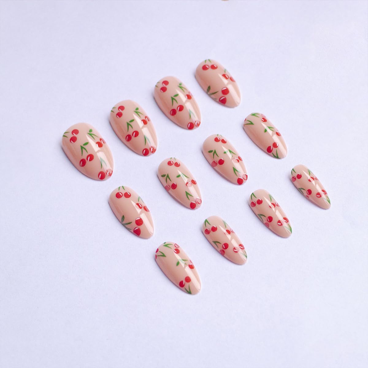 Cute Cherry Press on Nails Short Fake Nails Almond False Nails with Glossy Designs Nude Pink Acrylic Glue on Nail Reusable Holiday DIY Nail Art for Women Girls 24Pcs Stick on Nails