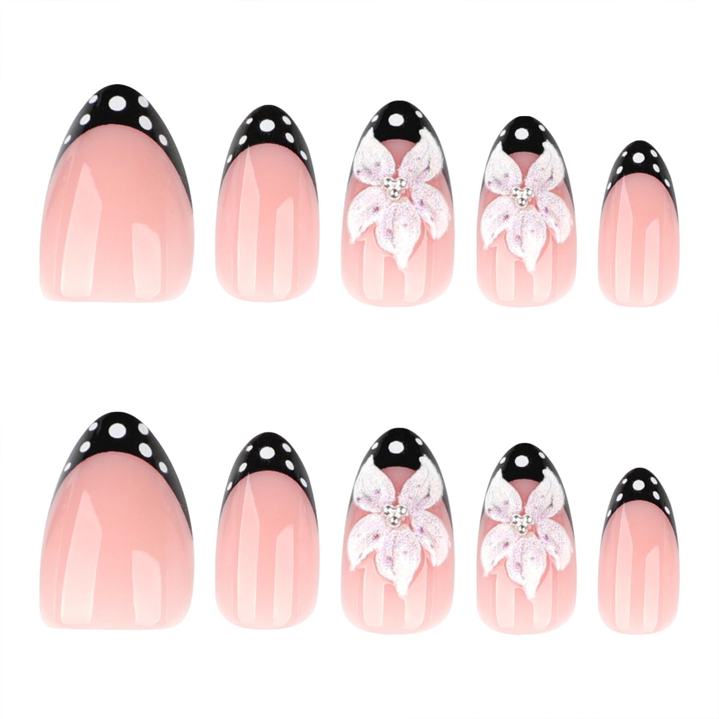 Mivota Luxury Soft Gel Press On Nails Short Almond French Tip Nude Pink with 3D Flower & Polka Dot Design, Reusable Glue On Fake Nails for Women, Salon Quality Manicure Set