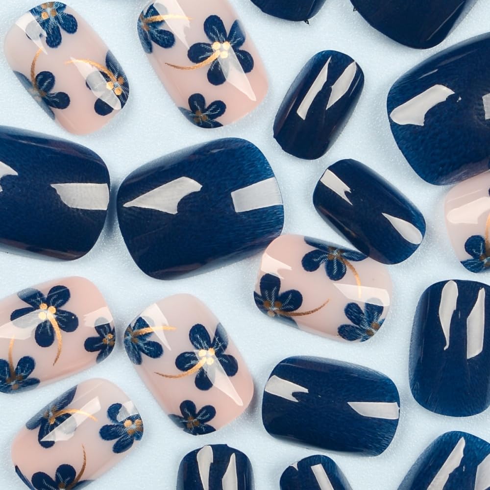Flower Press on Nails Short Square Fake Nails with Blue Floral Design Glossy Dark Blue Glue on Nails Gold Lines Nails Press ons Reusable Full Cover Spring Summer Acrylic Nails for Women Manicure 24Pcs
