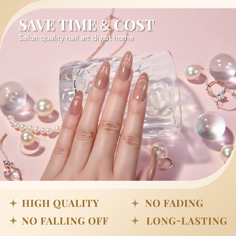XZMeiLun Cat Eye Nude Smile Press On Nails Medium Almond, Designer Reusable Acrylic Fake Nails with Glue, Glossy Soft Gel Nails Wedding and Party, Stick On Glue On Nails, Nails Press Ons for Women