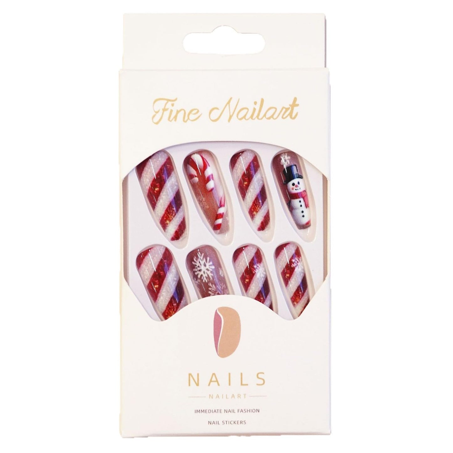 Christmas Press on Nails Medium Fake Nail Full Cover Snowman False Nails with Stripe Designs Glue on Nail Snowflake Xmas Acrylic Nails Crutch Winter Stick on Nails for Women Holiday Manicure 24Pcs