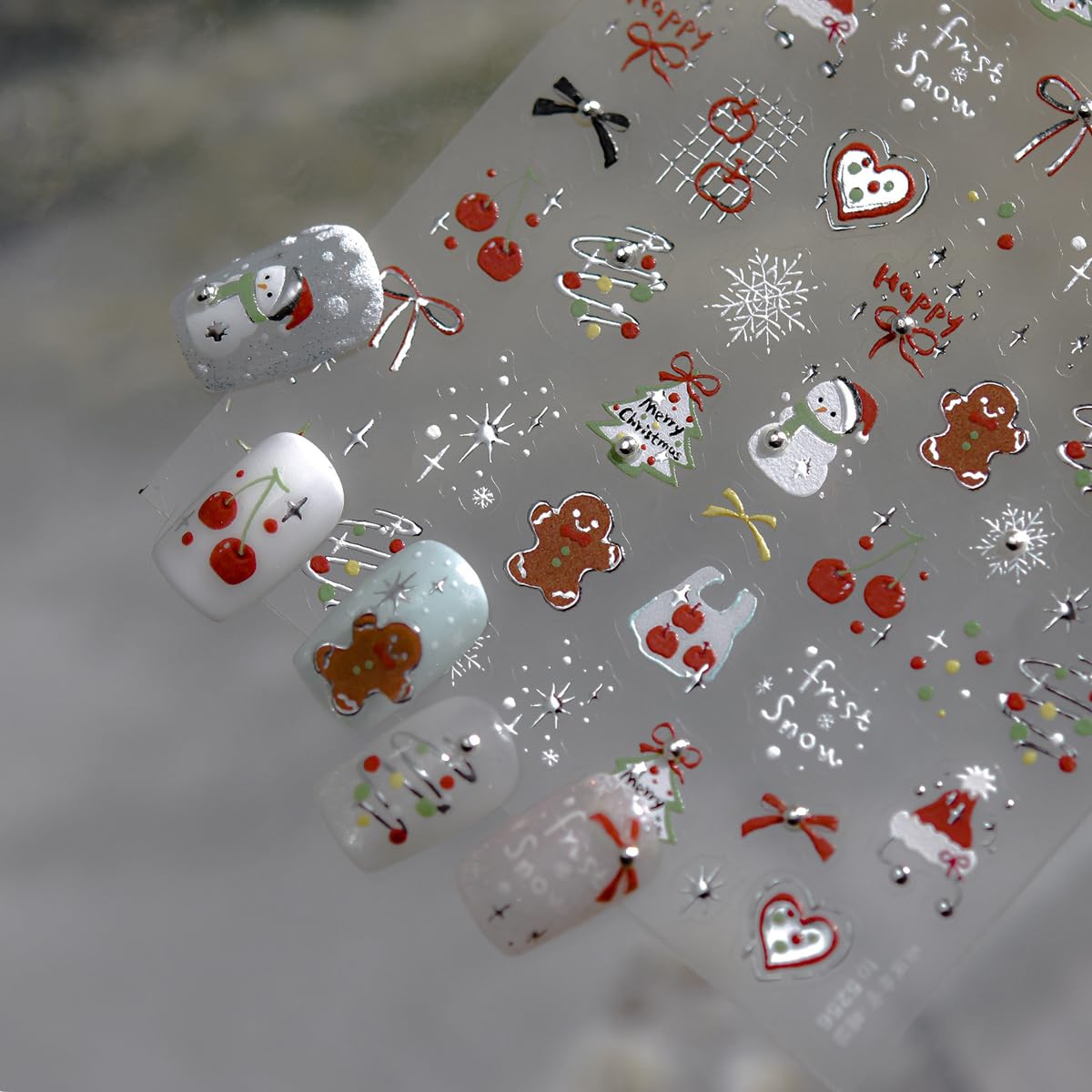 Christmas Nail Stickers for Nail Art Santa Hat Gloves Snowman Snowflake Gingerbread Cherry Bow Nail Decals Xmas Stickers for Nails Design 3D Self Adhesive Nail Art Decorations for Women Girls 1 Sheet