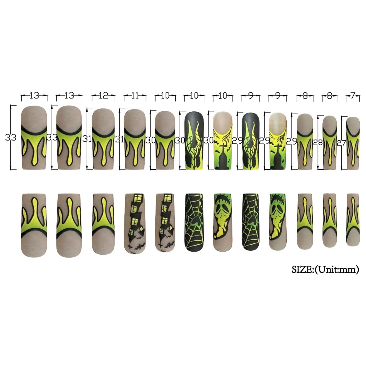 24Pcs Halloween Long Square Fake Nails Castle Spider Web Flame Design Stick on Nails French Tip False Nails Green Reusable Artificial Full Cover Acrylic Glue on Nail for Women Nail Art Decoration