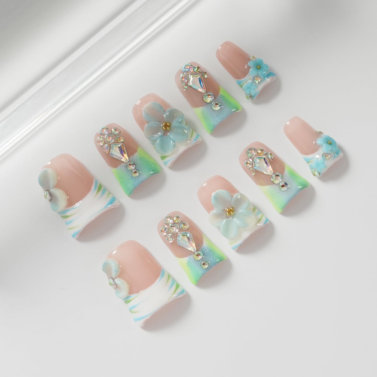 Tesytto Luxury Press On Nails Handmade Short Duck Nails, Mint Green Ombre French with 3D Floral Charms, Bling Crystal False Nails, Glossy Art Designs Reusable Acrylic (Misty Blue Floral Glitz,M)