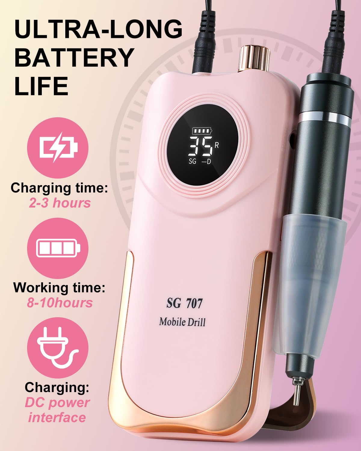 Moskany Professional Electric Nail Drill Kit 35000RPM with 14PCS Bits Pink Portable Rechargeable Cordless File Machine for Acrylic Gel Powder Nails and Manicure Pedicure Toenail Tool Salon Set